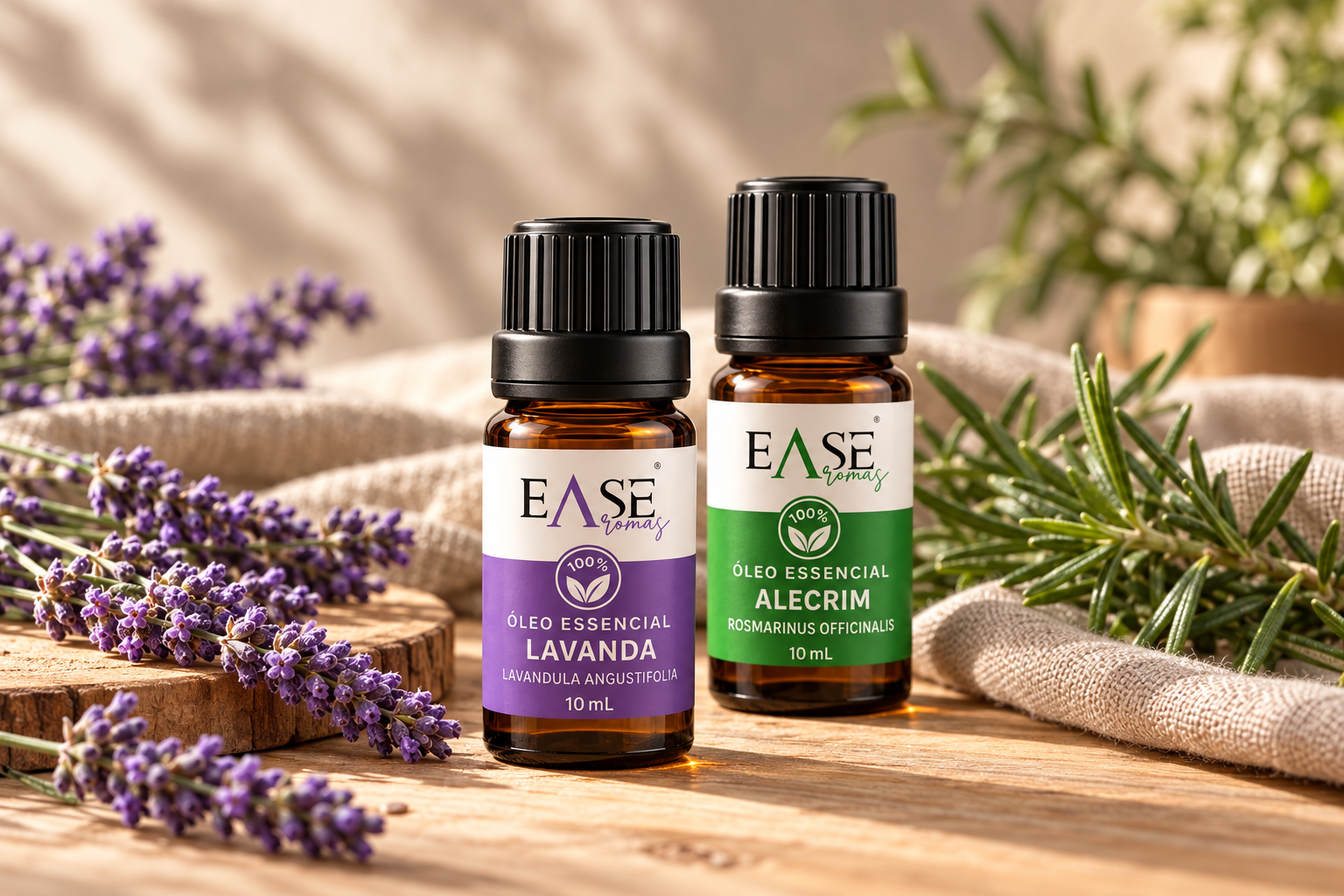 Óleos Ease de Lavanda e Alecrim em uma composição com elementos botânicos